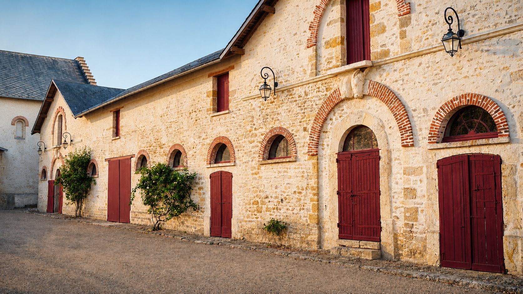 Les façades en pierre des gîtes, portes bordeaux, en fin de journée